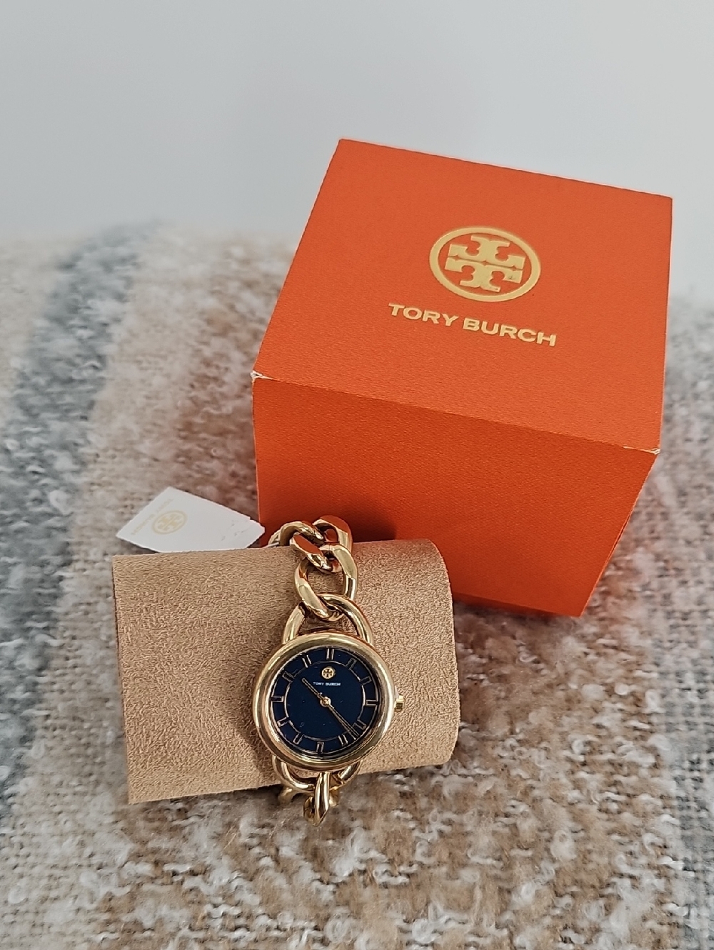 Tory Burch Gold-Tone Chain Bracelet Watch with Navy Dial